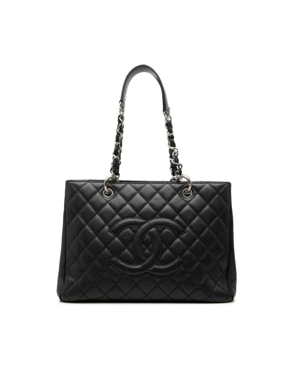 Chanel Quilted CC Logo Grand Shopping Tote Bag GST Chain Black Silver Caviar